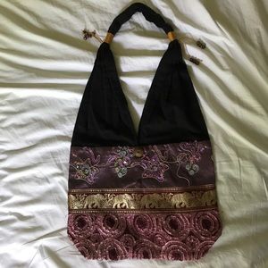 Plum and gold embroidered tote